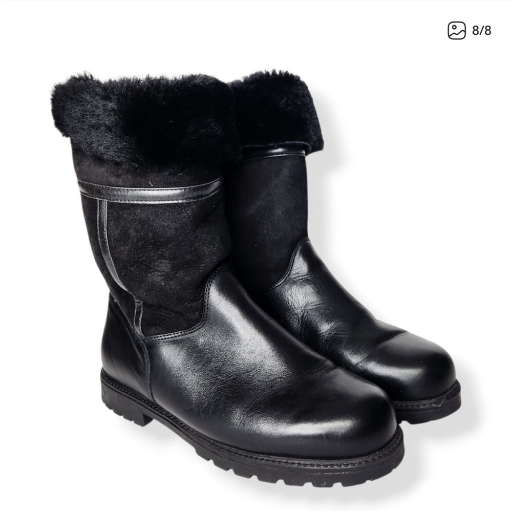 La Canadienne Kosmo Black Leather Suede Fur Shearling Foldover Boots Size 9 - Picture 4 of 5